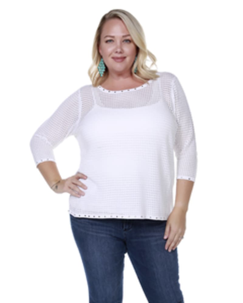 Front of a model wearing a size 1X Embellished Mesh Top in WHITE by Belldini Black Label. | dia_product_style_image_id:246098